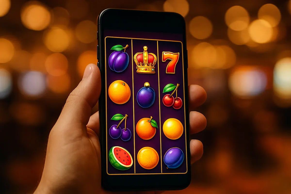Smartphone showing a classic fruit-themed online slot game on a blurred casino floor background