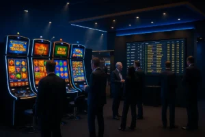 Gaming expo stand with slot screens and a sportsbook odds display at a trade show