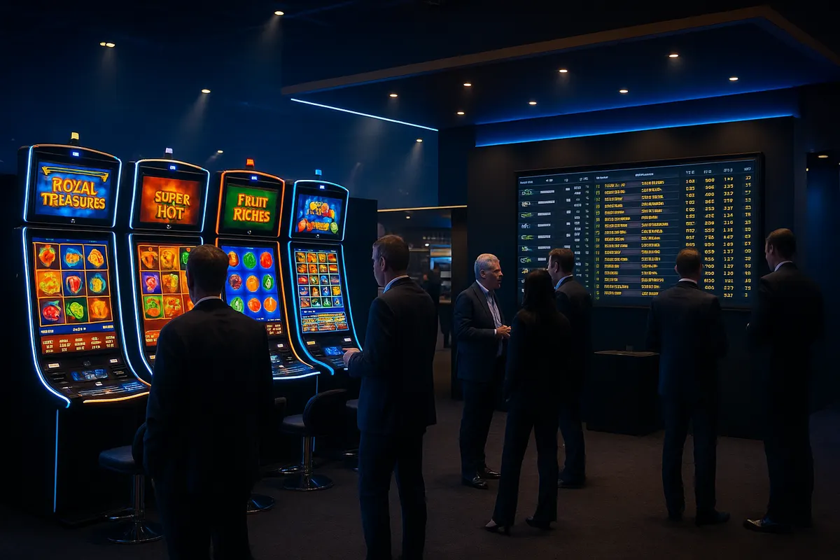 Gaming expo stand with slot screens and a sportsbook odds display at a trade show