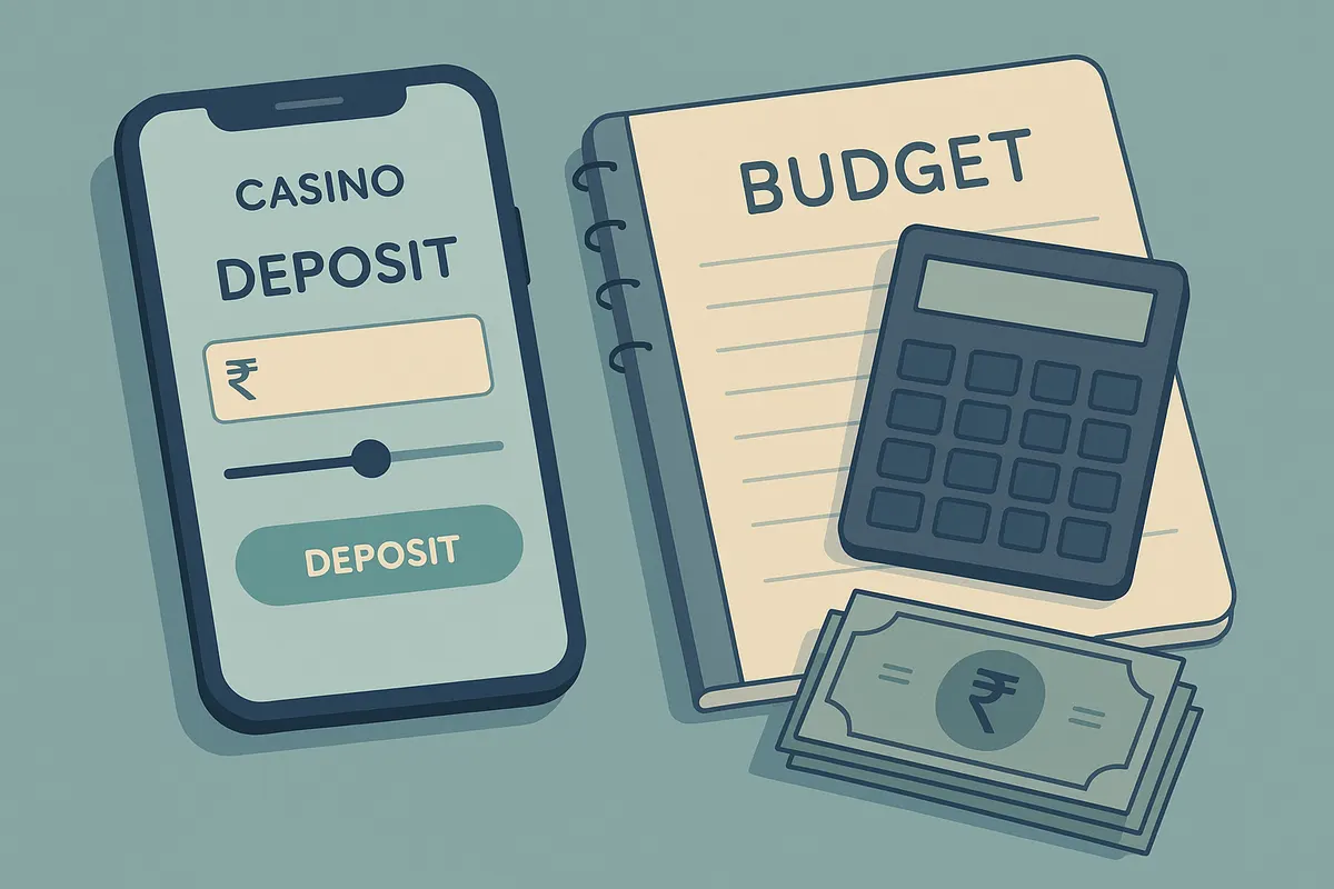 Smartphone deposit screen next to a budget notebook and calculator illustrating casino spending limits