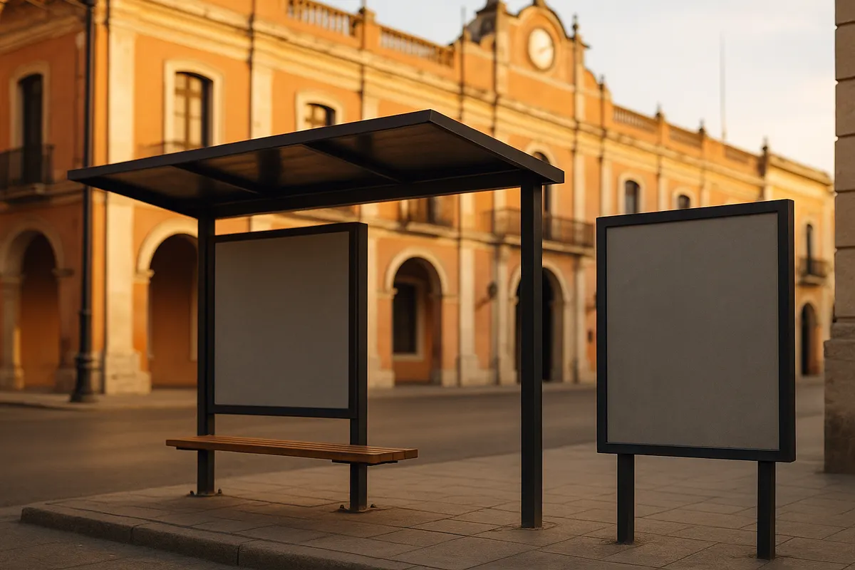 Blank advertising panels on municipal signage in a city centre, illustrating a betting advertising ban