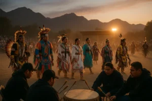 Dancers in traditional regalia during the Grand Entry at a Southern California powwow arena at dusk