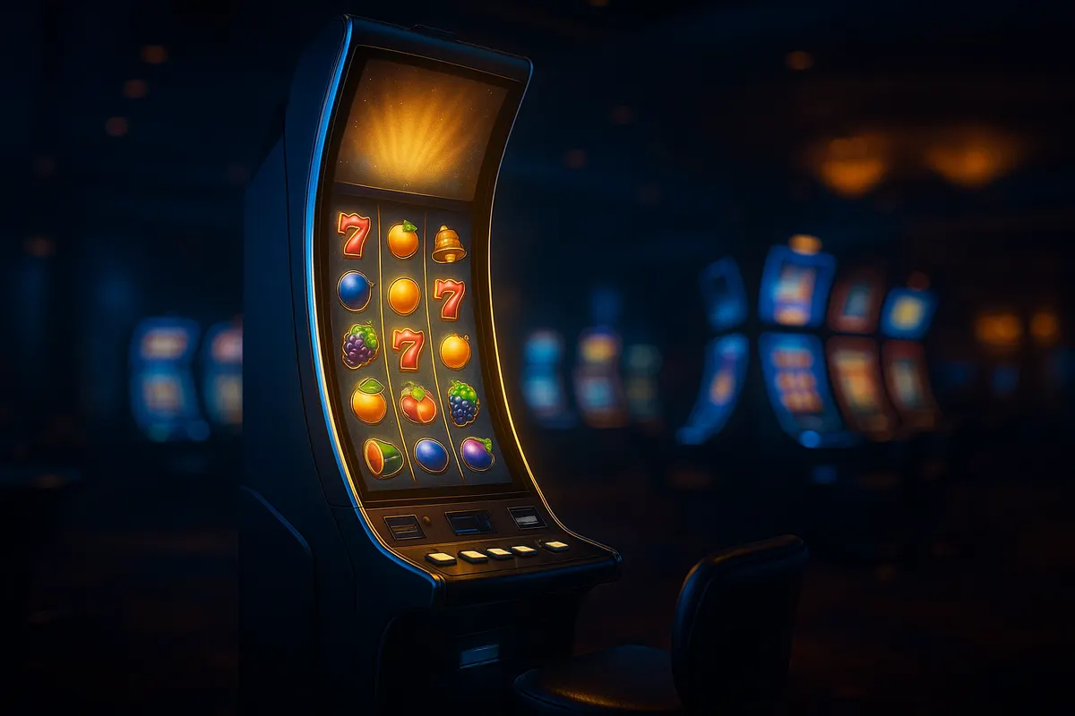 Modern slot machine cabinet with a large curved screen on a casino floor